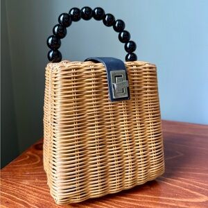 Woven Rattan Handbag with Black Beaded Handle